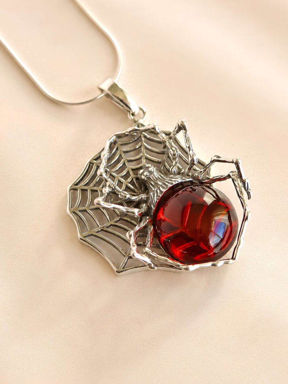 Baltic Cherry Amber Spider Pendant Necklace in Sterling Silver